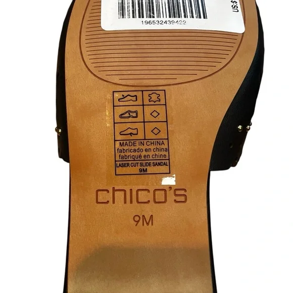 Chico's Woman’s Laser Cut Slide Sandals Navy Blue Gold Studs Size 9 - Picture 8 of 8